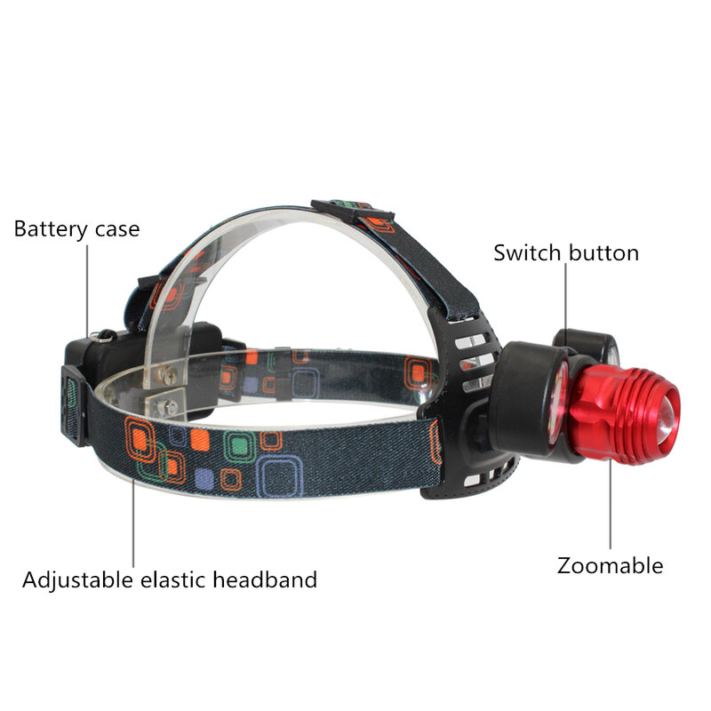 Linterna frontal LED para caza y pesca, linterna de cabeza con Zoom T6 COB, 4 modos de luz, batería 18650 y cargador