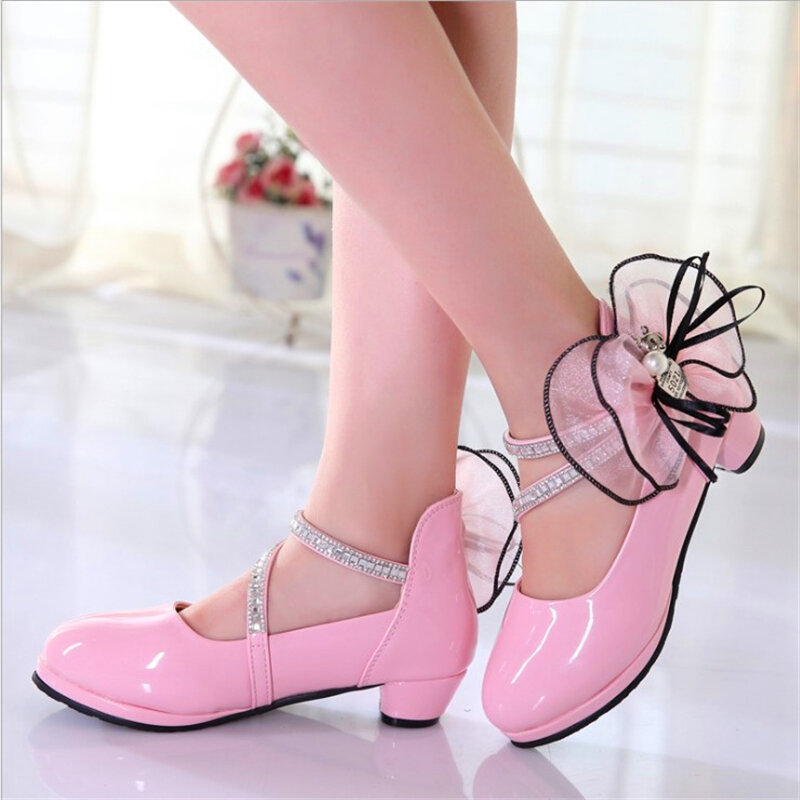 Zapatos para niñas zapatos de tacón alto PU cuero flor grande perla niñas princesa zapatos para fiesta boda niños baile zapatos