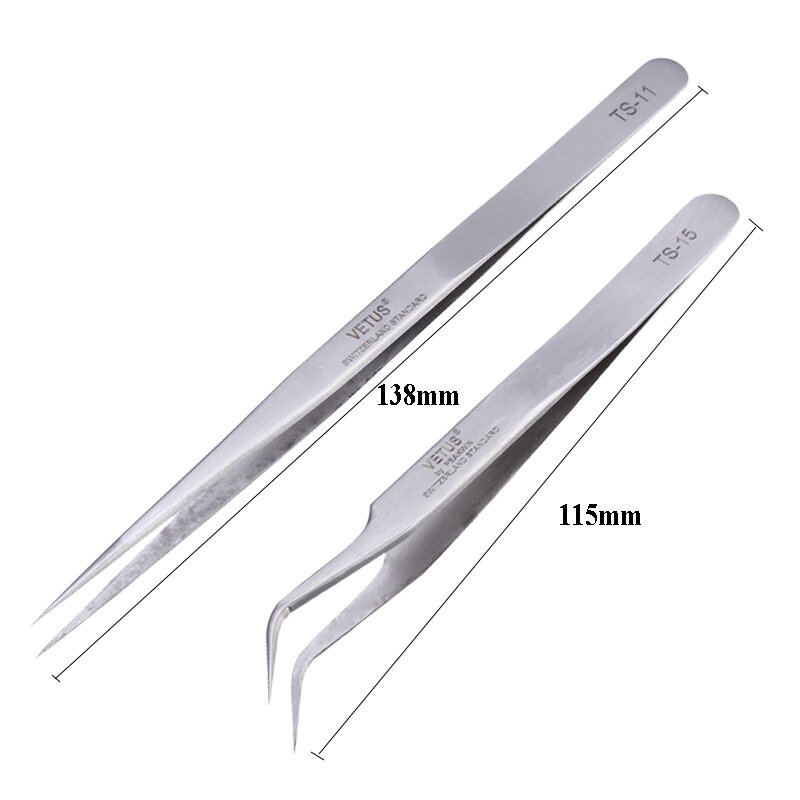 High Precision Tweezers Pinzette Forceps Stainless Steel Curved Straight VETUS Tweezer TS-11 TS-15