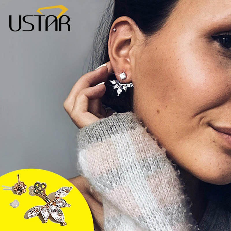 USTAR Blatt Kristalle Stud Ohrringe für Frauen Silber farbe Doppelseitige Mode Schmuck Ohrringe weibliche Ohrringe hängen kolczyki