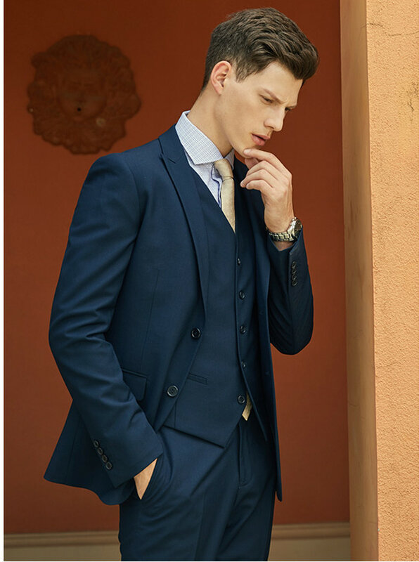 Blazer padrinho com dois botões, blazer masculino com lapela e duas botões (jaqueta + calças + gravata + colete)