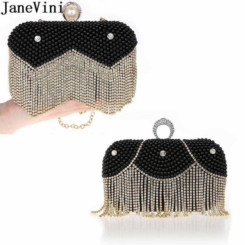 JaneVini-Bolso de mano de lujo con borlas y diamantes de imitación para mujer, bolsa de mano con perlas de diseñador, para boda, con cadena, para fiesta y novia