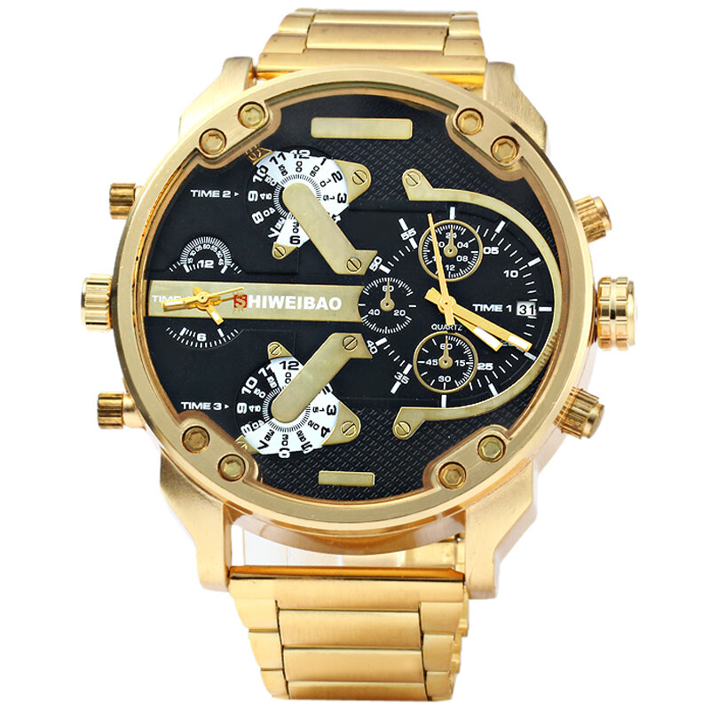 Duży zegarek mężczyźni luksusowe złota stal Watchband męska kwarcowy zegarki podwójny czas strefa wojskowy Relogio Masculino zegar człowiek