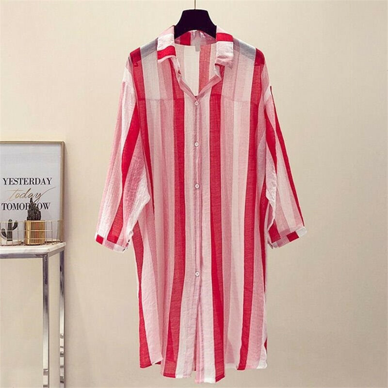 2019 Moda Verão Solto Mulheres Striped Cardigan Blusas Longas Midi Lady Fina Proteção Solar Roupas de praia Camisas de Férias WZ794
