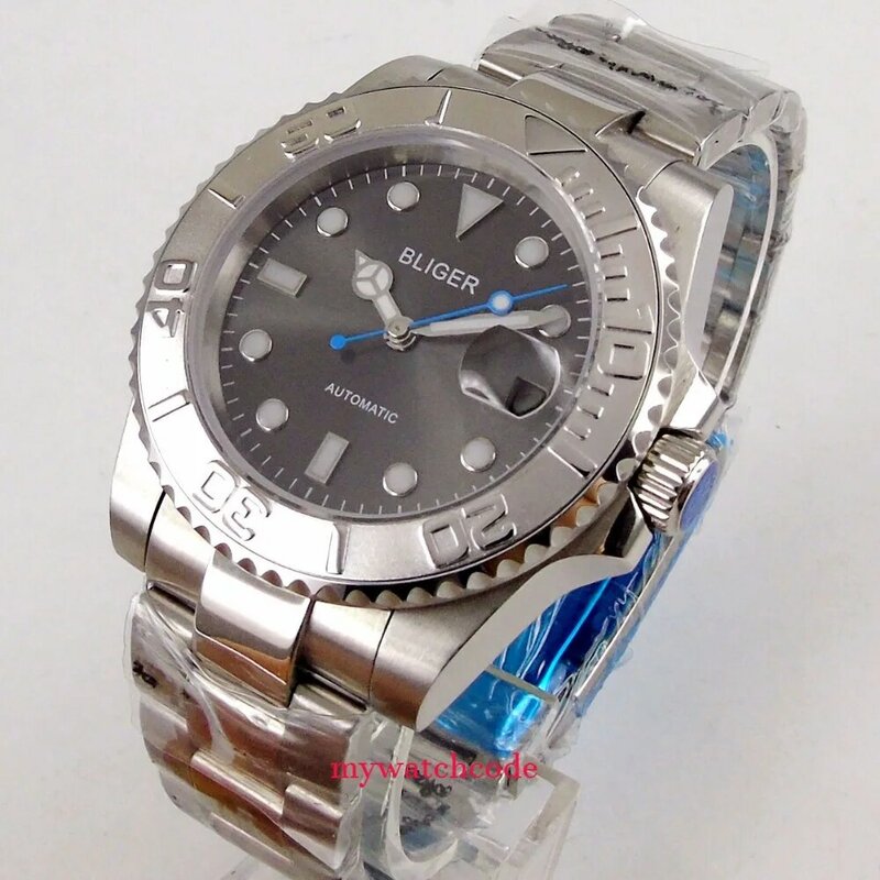 BLIGER SUB-relógio automático cinza para homens, bisel giratório de mão azul, banda polonesa média, relógio profissional, NH35 PT5000