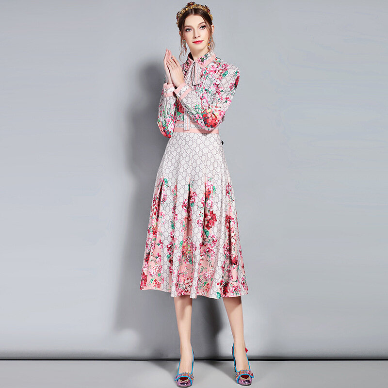 S-3XL عالية الجودة 2019 العلامة التجارية الجديدة الأزياء الطباعة اليدوية مطرز طويلة الأكمام ضئيلة مزاجه القوس المرأة دعوى فستان
