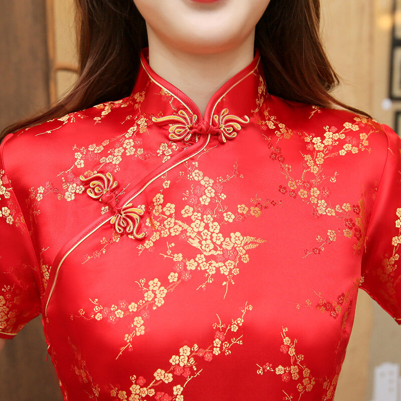 Czerwona sukienka chińskich kobiet w stylu Vintage satynowa Qipao seksowna długa obcisła Cheongsam gorąca sprzedaż sukienka w kwiaty rozmiar S M XL XXL 3X4XL 5XL 6XL JA13