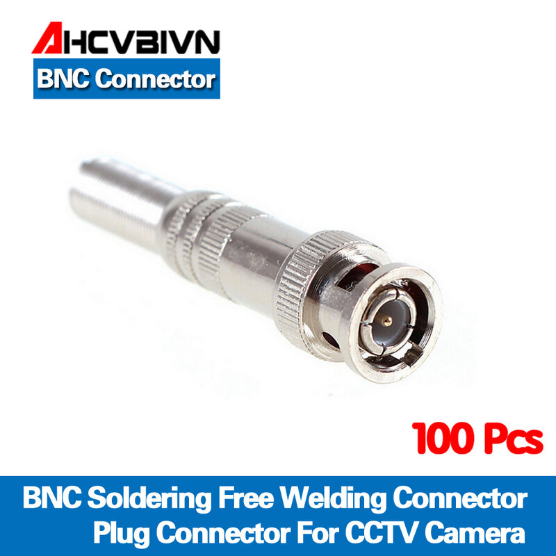 AHCVBIVN 100 개/몫 BNC 수 커넥터 RG-59 동축 케이블, 황동 엔드, 크림프, 케이블 나사, CCTV 카메라 BNC 커넥터