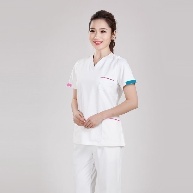 Moda feminina uniformes médicos cor bloqueio v pescoço esfrega topo com ventilação lateral puro algodão cirurgia esfrega (apenas uma camisa)