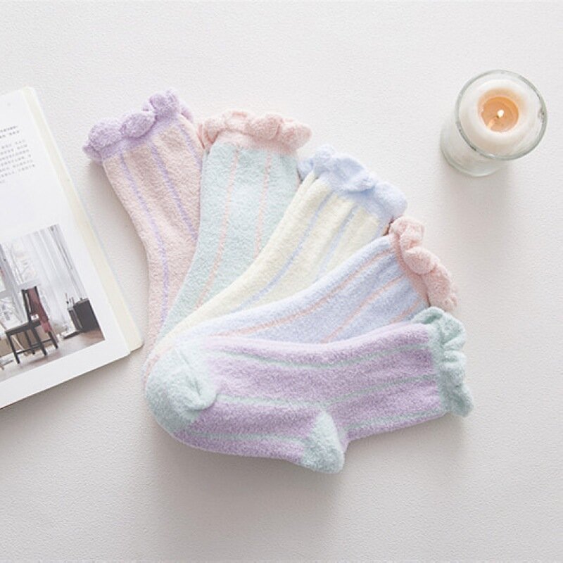 Anyongzu – chaussettes de nuit chaudes en velours Semi-cachemire, couleur naturelle, en dentelle, corail, 6 paire/lot, 23cm-25cm