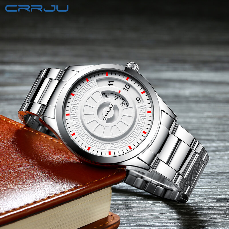 CRRJU Fashion Luxury Brand Unique Design Watch Men Quartz Silver Watch Waterproof Big Dial Sports Watches Retro Relogio