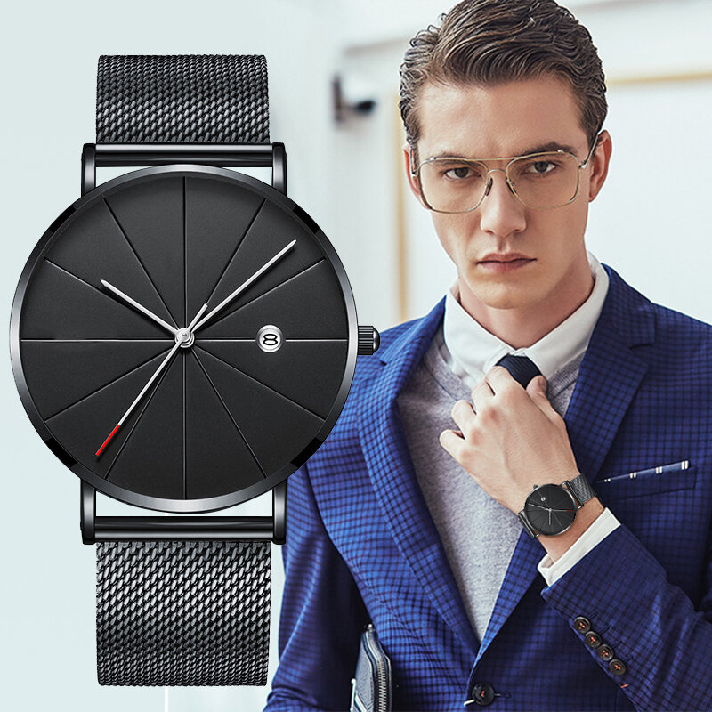 패션 비즈니스 럭셔리 남자 시계 울트라 얇은 망 시계 스테인레스 스틸 메쉬 벨트 쿼츠 시계 남자 로즈 골드 시계 2020
