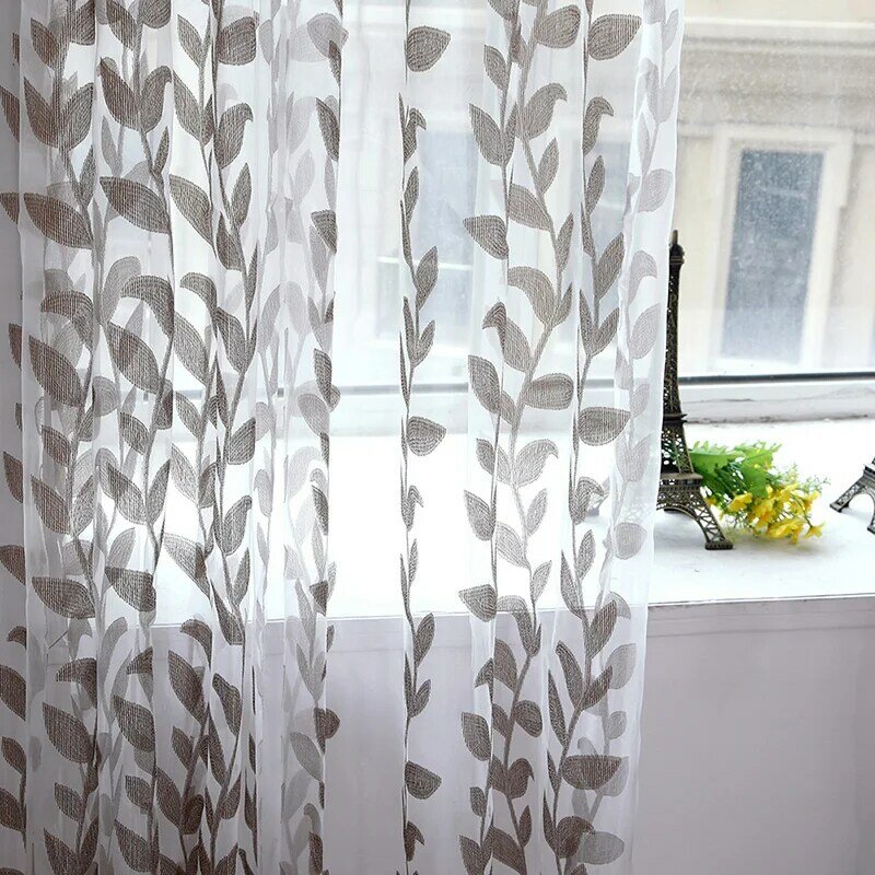 Rideau panneau de draperie | Écharpe de porte et fenêtre, rideau de Voile de Tulle imprimé de feuilles transparentes, rideaux de valières pour salon