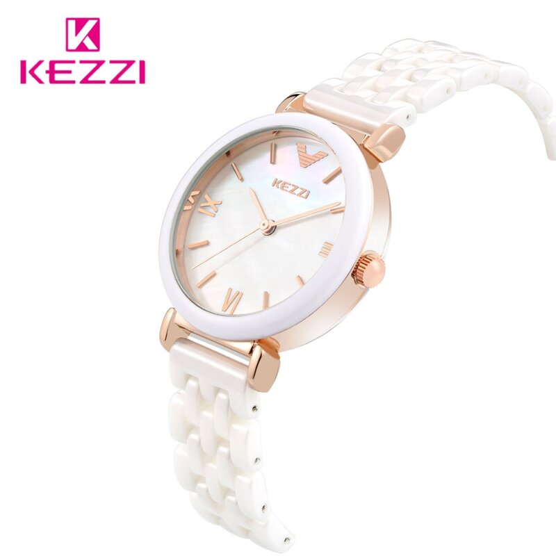 Kezzi-reloj de cuarzo para mujer, relojes de cerámica blancos a prueba de agua, relojes de pulsera de vestir de marca de lujo, femenino