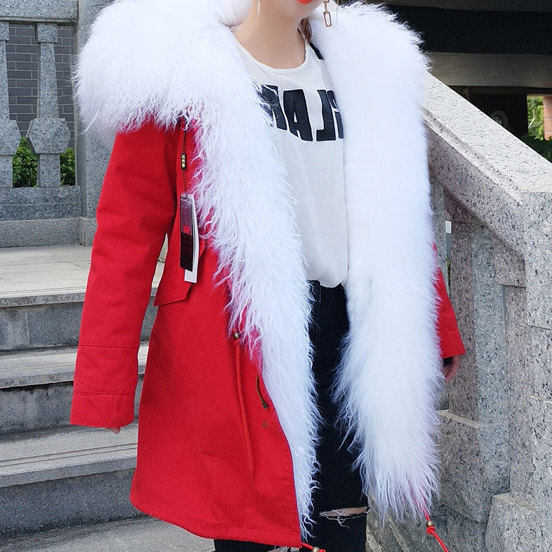 Maomaokong Mantel Wanita Musim Dingin Jaket Termal Tebal Katun Kualitas Tinggi Ramping Panjang dengan Jaket Parka Wanita Kerah Wol Ukuran Besar