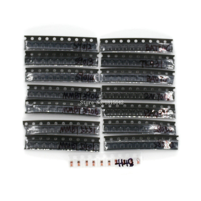 150 peças sot-23 kit transistor sortidas conjunto S9012-S9014 bav90 bav70 mmbt5551 15 tipos smd triode kit sot23 transistor conjunto
