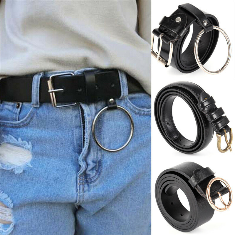 Cinturón de cuero marrón y negro para mujer, hebilla redonda dorada, cinturón salvaje de ocio para jeans, sin pin, hebilla de metal