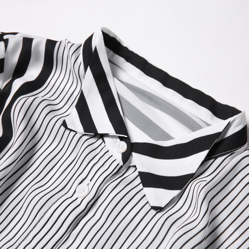 100% 실크 블라우스 여성 셔츠 패치 워크 디자인 스트라이프 턴 다운 칼라 긴 소매 사무용 탑, 새로운 패션 2018