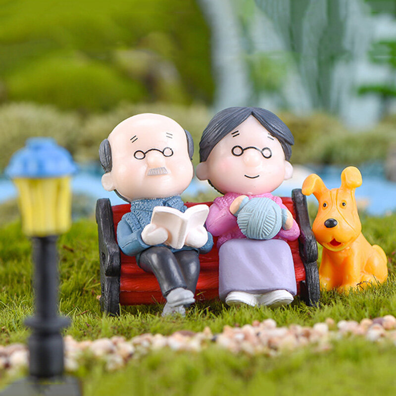3Pc Figures Chair Grandma Grandpa Sweety Lovers Couple Ornament For Fairy Garden Figurines Miniature Christmas Home Decoration