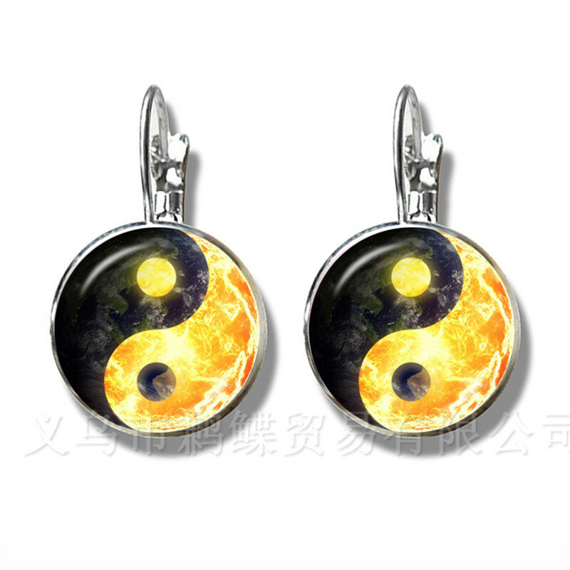 Boucles d'oreilles Yin Yang en verre plaqué argent, symbole de feu et d'eau, bijoux en forme de dôme, Taoism bouddhisme spirituel, harmonie Yin-Yang