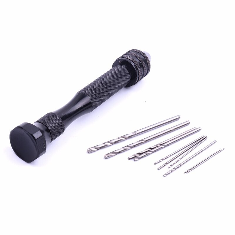 1PCS Black Handle of Gimlet Drill With 10 PCS Twist Drill Bits Aluminium Alloy Carving Tools Hand Woodworking Watch Repair Tool