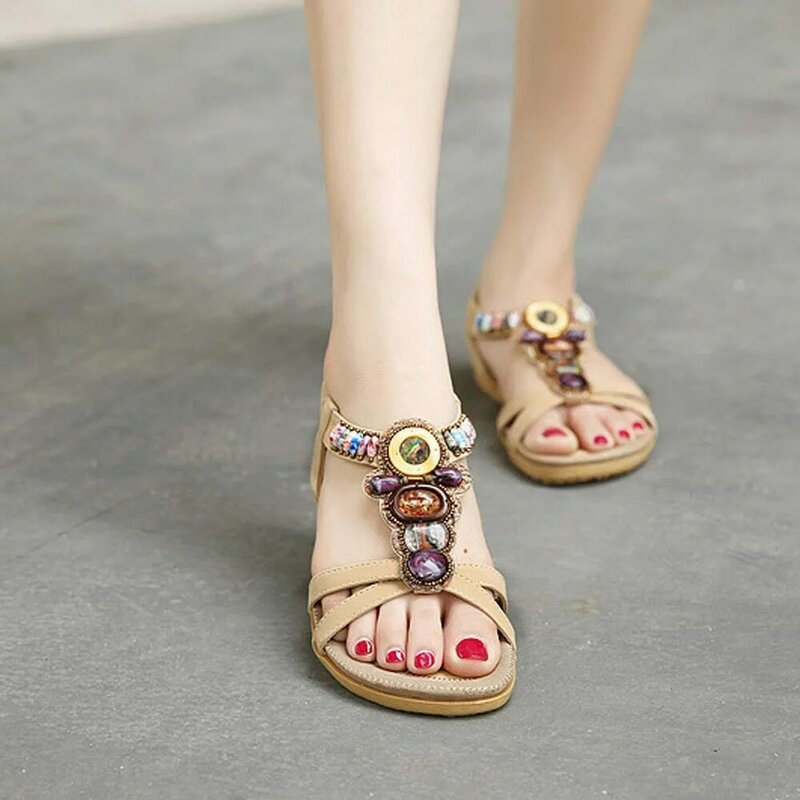 New Women Sanda Fashion Sweet Beaded Clip Toe Flats Bohemian Herringbone Sandals Non-slip rubber soles Solid summer shoes 2019
