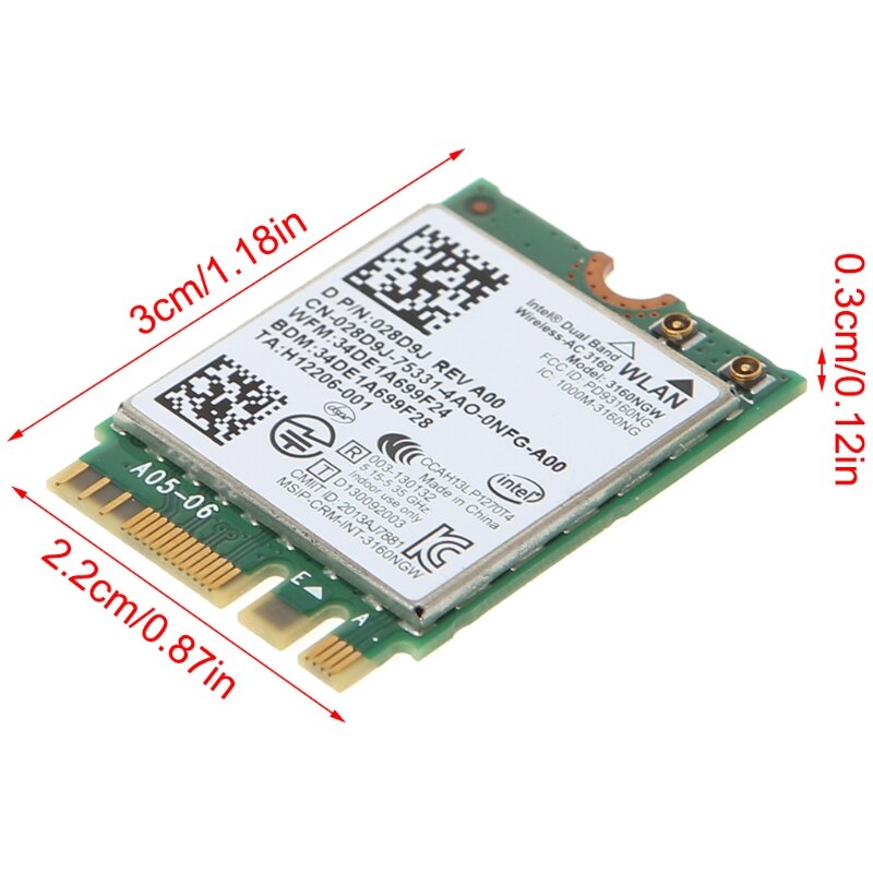 Intel Wireless-AC 3160 3160NGW Dual Band Bluetooth 4.0 NGFF Scheda Wifi Per DELL