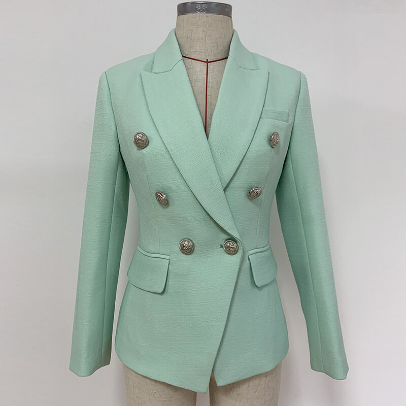 HIGH STREET 2024 Classic Baroque Designer Jacket Women's Metal Lion Buttons Double Breasted Textured Blazer Mint Green