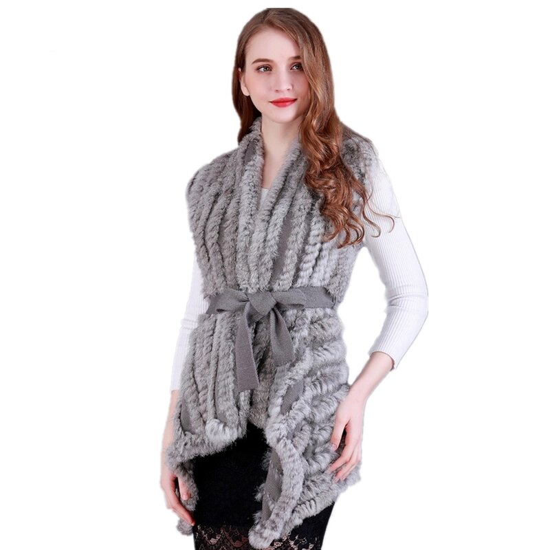 FXFURS-Chaleco de punto de piel de conejo para mujer, suéter con cinturón, venta al por mayor, novedad de 2020