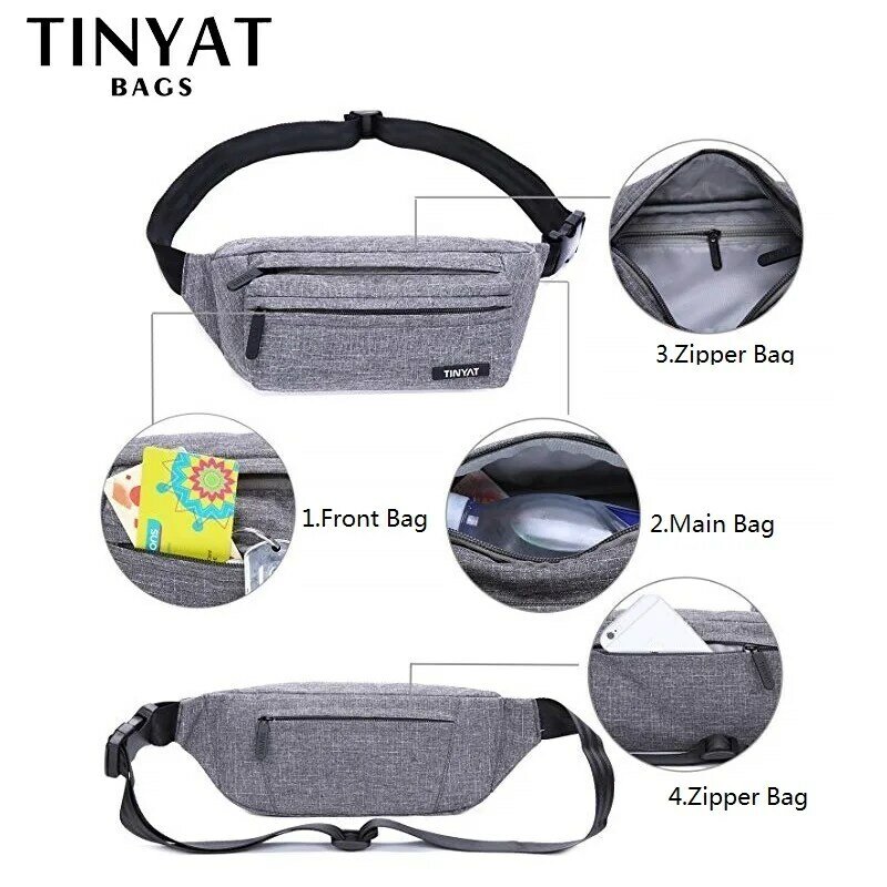 TINYAT – sac de ceinture pour hommes, sac de taille gris décontracté fonctionnel, grande pochette de ceinture pour téléphone, sac banane de voyage