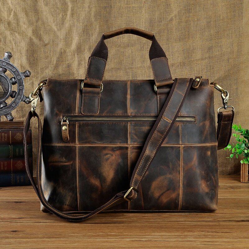 Men Quality Leather Antique Retro Business Briefcase 15.6" Laptop Case Attache Portfolio Bag One Shoulder Messenger Bag B260
