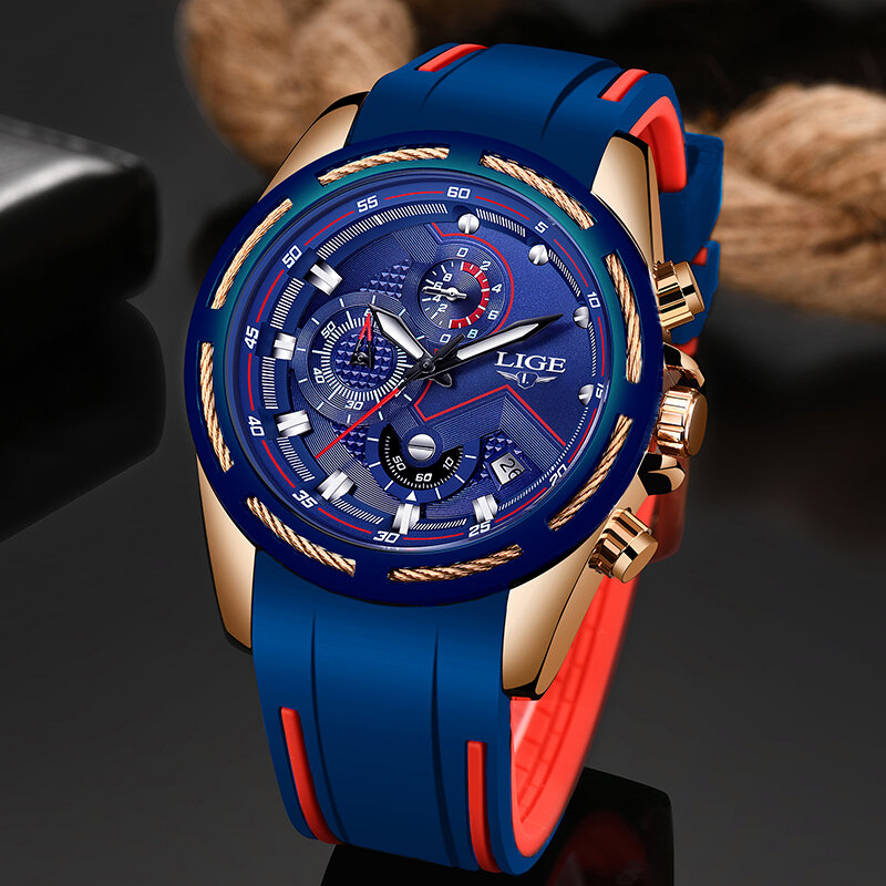 Lige-novo relógio masculino luxo azul de silicone, à prova d'água, esportivo, cronógrafo, quartzo, pulseira