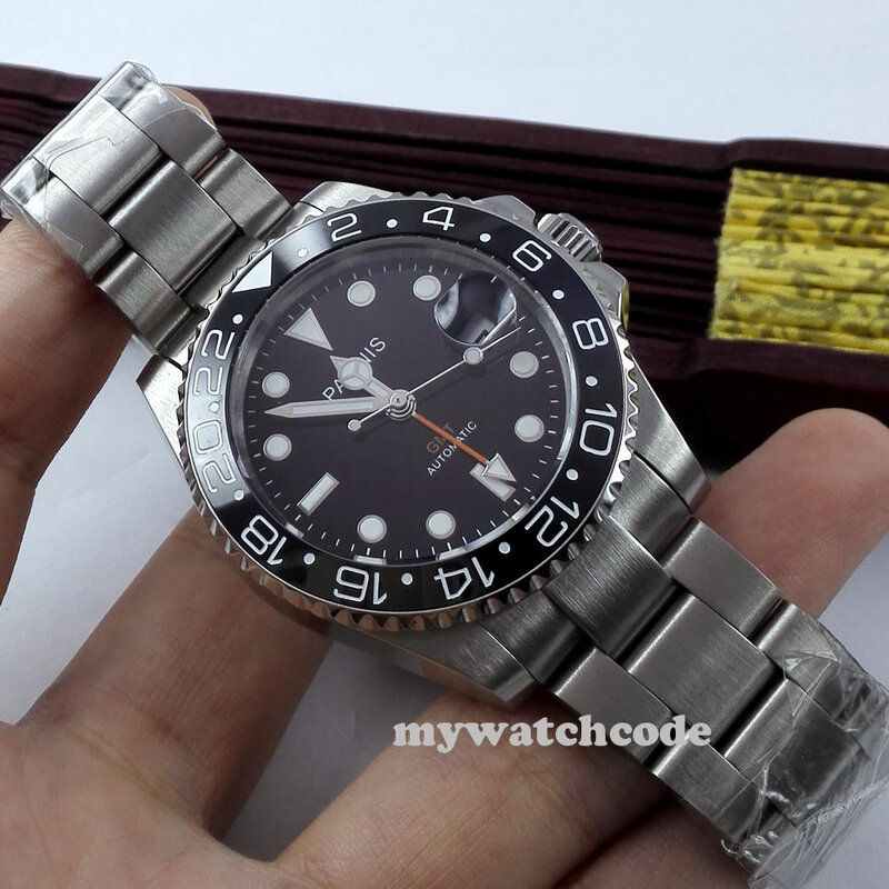 40mm czarna tarcza PARNIS świecące szafirowe szkło GMT automatyczne męskie luksusowe Top markowy mechaniczny zegarek Relogio Masculino solidne plecy