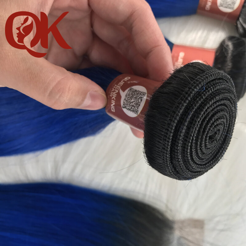 Queenking cabelo ombre pacotes com fechamento 1b/azul dois tons cabelo humano brasileiro em linha reta 3 pacotes com fechamento