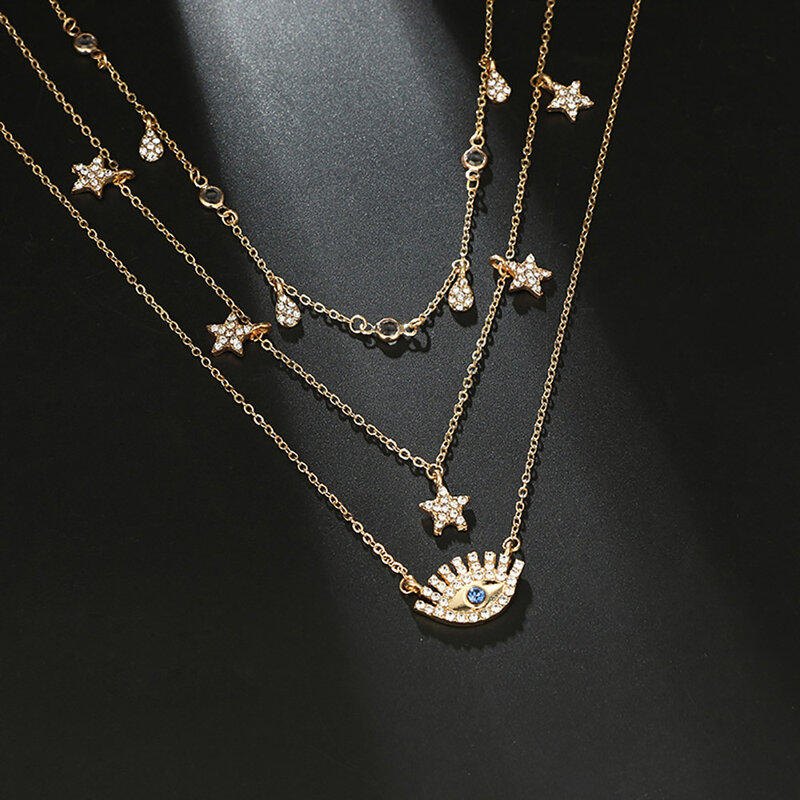 Bls-miracle – collier multicouches pour femmes, chaîne longue, pendentif oeil turc, colliers tendance étoile de cristal, colliers de gouttelettes d'eau