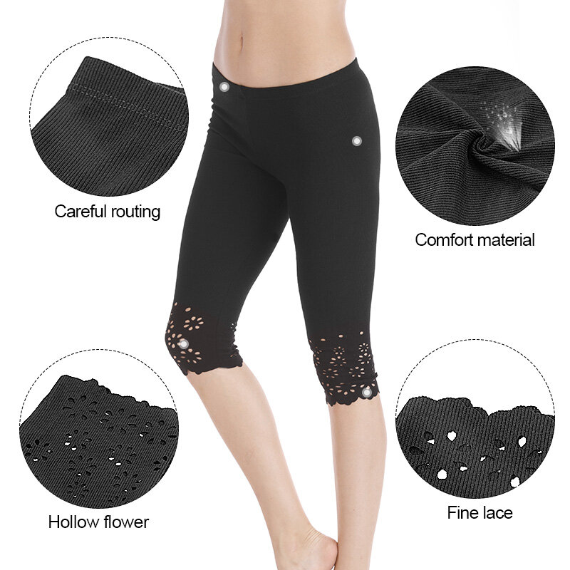 Knitted Short Leggings Women Summer Cropped Pants Female Jegging Safe Pants Mid-calf Capris Push Up Hollow Out Flower