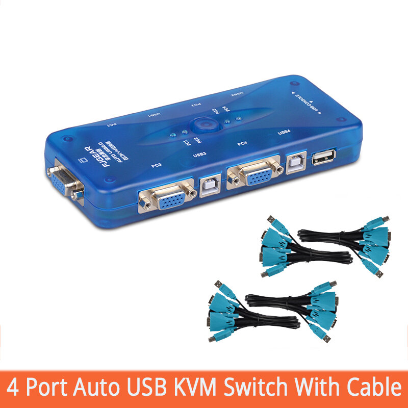 USB2.0 KVM Beralih Auto 4 Port USB Hub Switch dengan Kabel Konektor 4 Komputer Berbagi Mouse dan Keyboard Monitor FJ-104UK-T