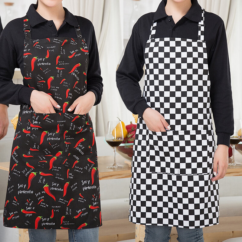 Novo preto cozinhar cozimento aventais avental ajustável sem mangas listra bib com bolsos halter bib delantal cozinha restaurante