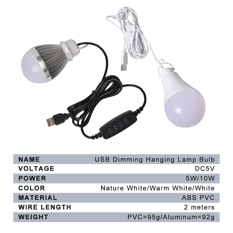 DC5V LED Light Bulb Stepless Dimming With ON/OFF Switch 10W USB Dimmable Hanging Lamp Emergency LED Bulbs For Nightwork Camping