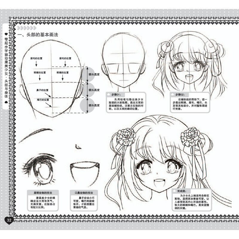 Libro de texto para aprender a dibujar la cabeza y el cuerpo de una chica de anime, con personajes dibujados a mano, tutorial de dibujos animados