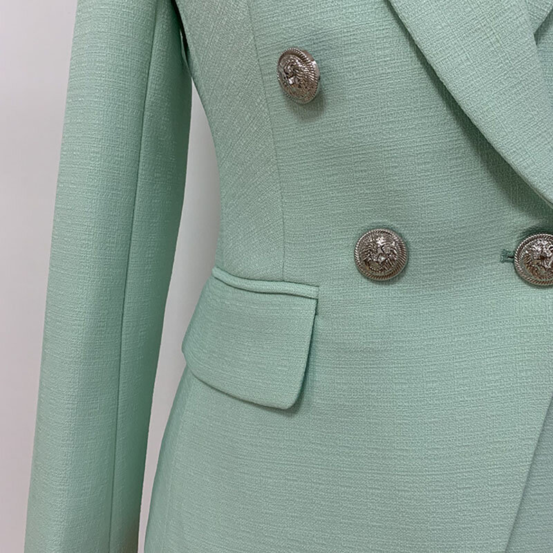 Blazer texturé à double boutonnage pour femme, veste de créateur baroque classique, boutons de discussion en métal, vert menthe, HIGH Graduation ET 2024