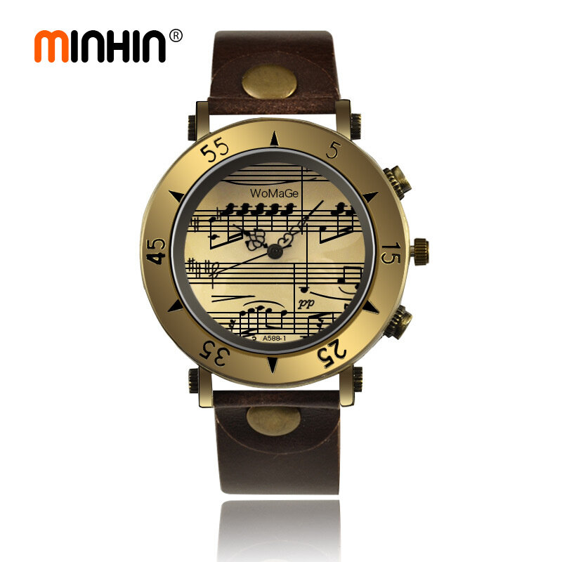 Minhin 2020 novo design de couro relógios de pulso das mulheres dos homens vintage bronze dial música nota quartzo analógico relógios casuais presente