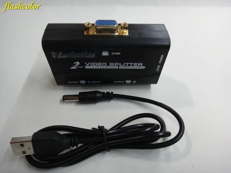 Flashcolor-Divisor VGA de 2 puertos, divisor de vídeo VGA de 250MHZ, 1 entrada y 2 salidas, compatible con adaptador de corriente USB