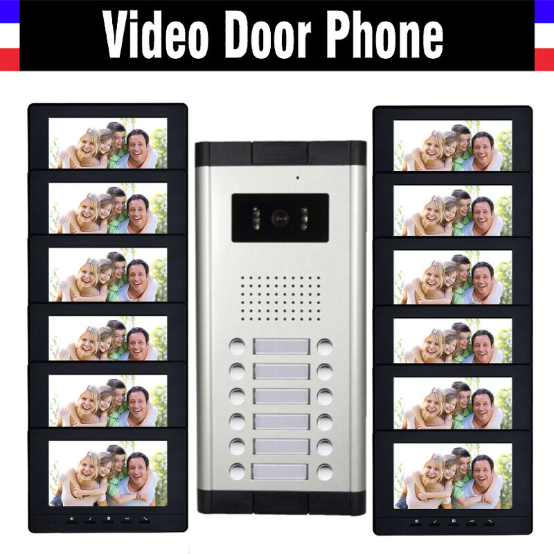 12 단위 아파트 비디오 인터콤 시스템 7 인치 모니터 비디오 도어 인터콤 시스템 유선 홈 비디오 초인종 키트