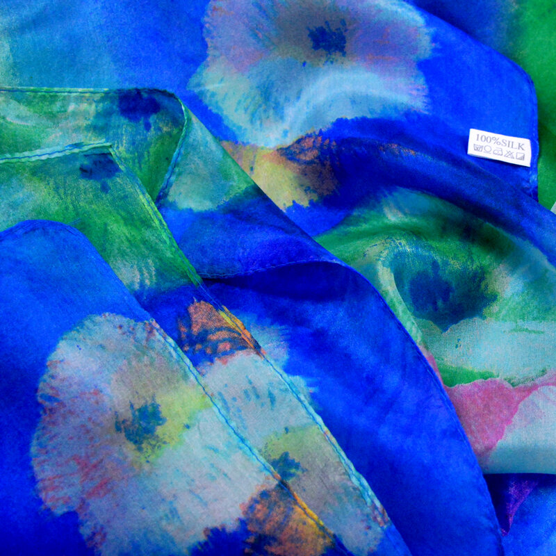 2022 Women Winter Long Scarf Shawl Spring Autumn Female Blue Silk Scarves Printed Summer 100% Mulberry Silk Beach Cover-ups