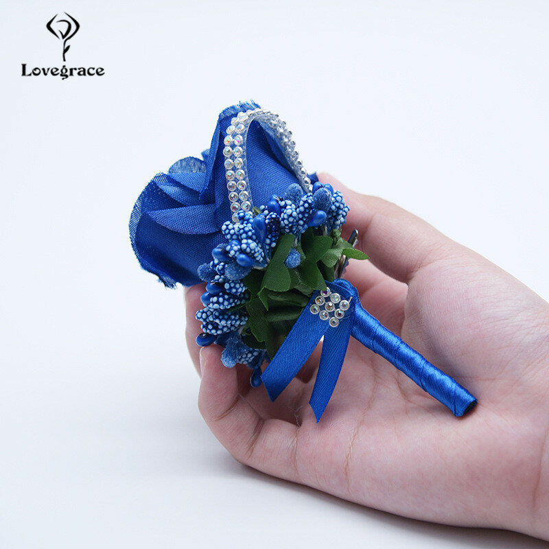 Ramillete de seda Artificial para novio, flor de muñeca, Pin azul, decoración de boda, estambre de diamantes, Flores blancas