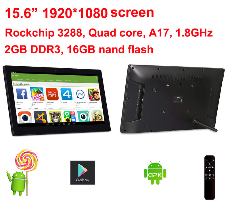 15,6 дюймовая цифровая вывеска Android с дистанционным управлением (без сенсорного управления, экран 1920*1080, RK3288 2 ГБ DDR3, 16 Гб nand flash, Bluetooth, VESA)