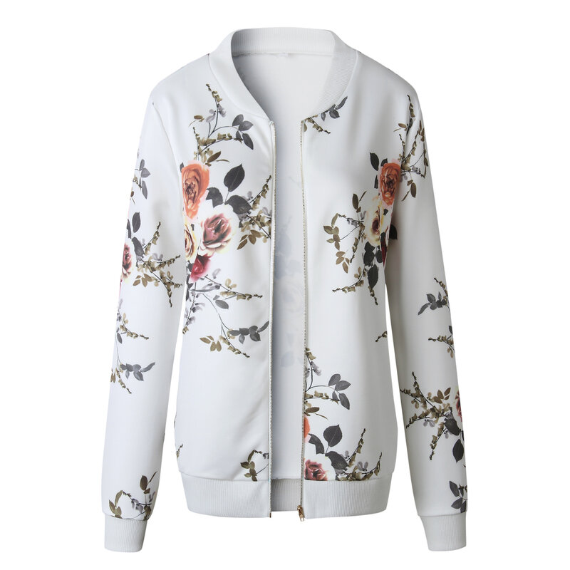 Damas estampado Floral manga larga chaqueta mujer primavera otoño abrigo mujer Vintage cremallera chaqueta abrigo básico 2018