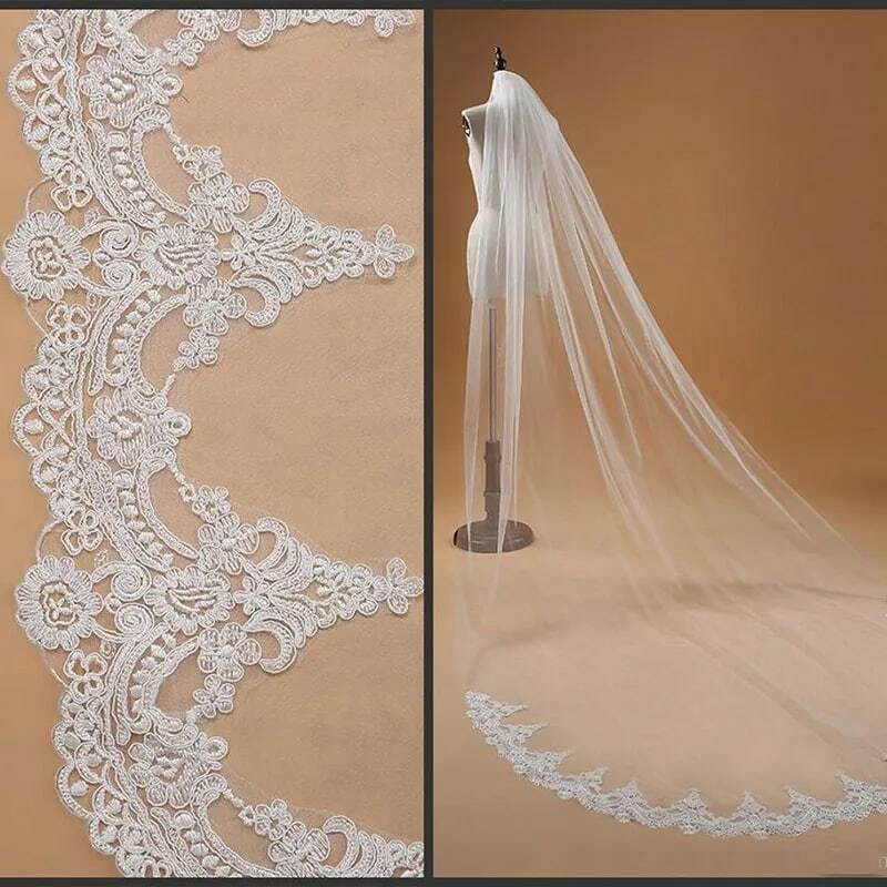 In Stock New Cathedral 3M 1L Length Bridal Lace Applique Edge Veils With Comb White Ivory Custom Made Wedding Veil