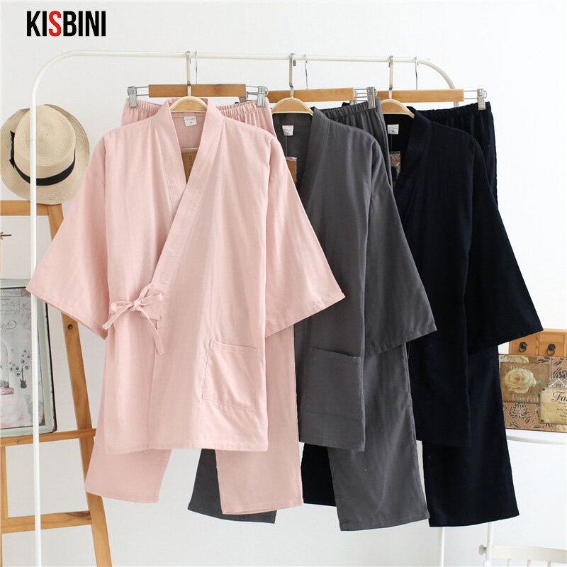 KISBINI-Conjuntos de pijamas para mujer, traje de Casa liso de algodón puro largo de estilo japonés, ropa de casa para mujer de primavera